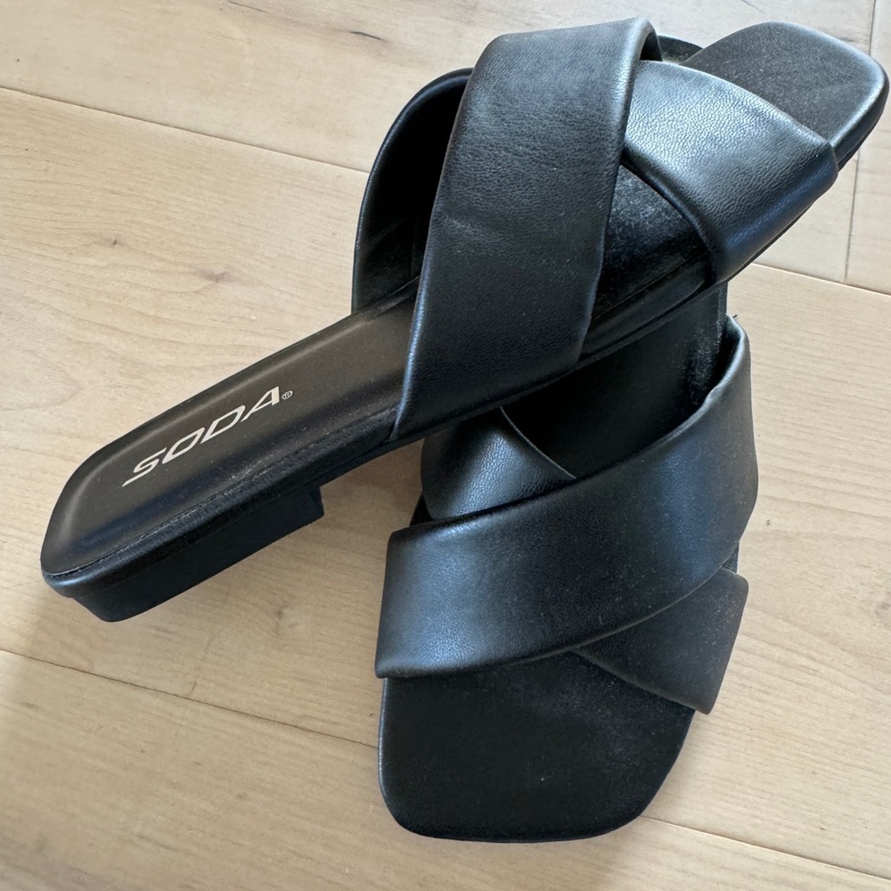 Size 6,only worn once for a shoot,SODA black sandal slip ons.Like new condition!